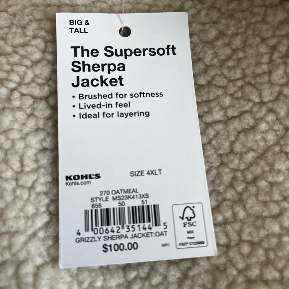 NWT Men’s Cream Sonoma Sherpa Jacket size 4XL Tall - Picture 5 of 9